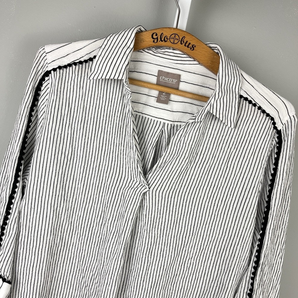 Chico's Stripe Popover Top Size 2 Womens L/12 Black White Pompom Trim Rayon